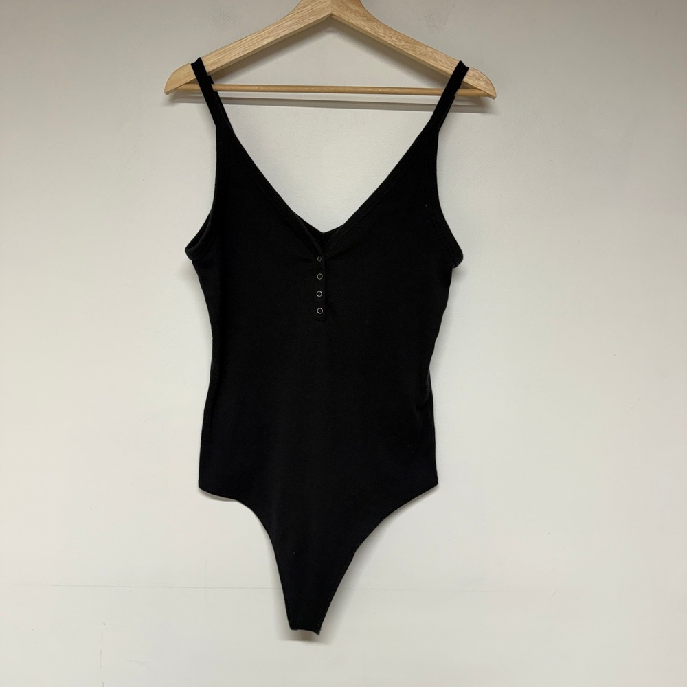 Abercrombie & Fitch Womens Black Ribbed Henley Bodysuit Size L Sleeveless V-Neck